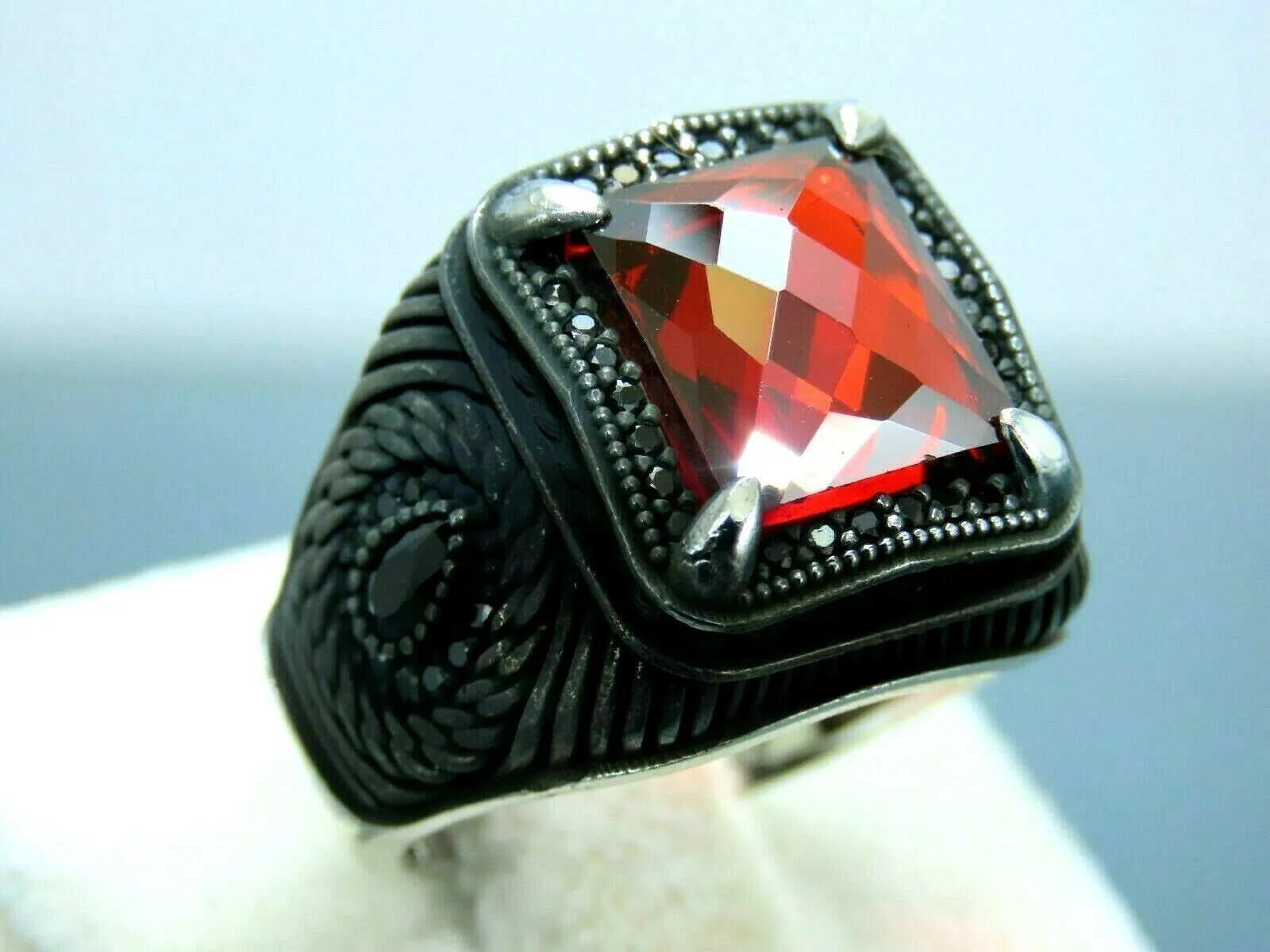 Turkish Handmade Jewelry 925 Sterling Silver Garnet Stone Men Rings