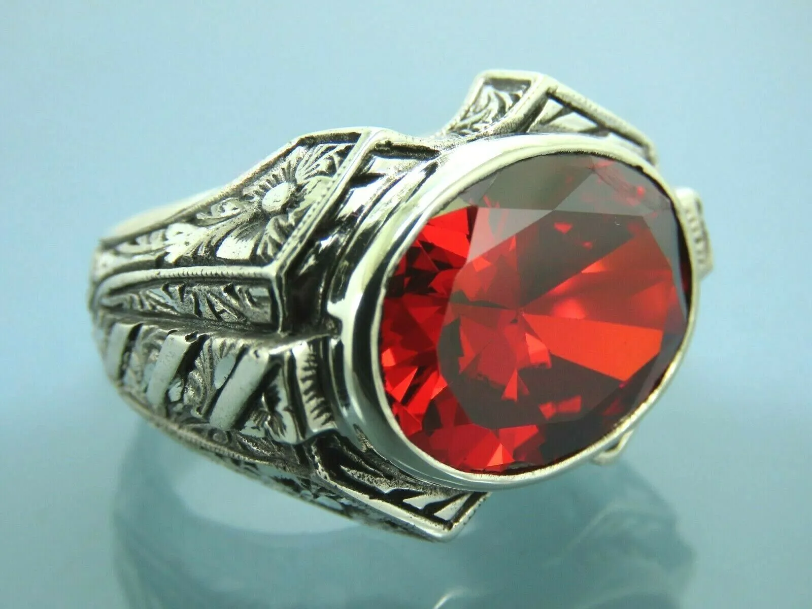 Turkish Handmade Jewelry 925 Sterling Silver Garnet Stone Mens Rings
