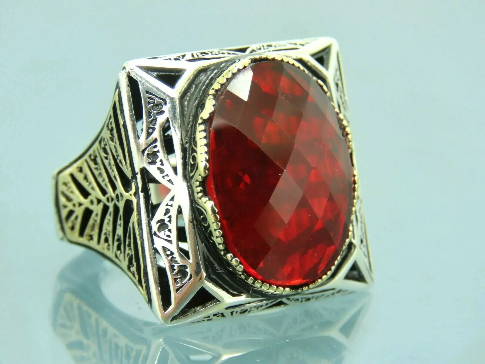 Turkish Handmade Jewelry 925 Sterling Silver Garnet Stone Mens Rings