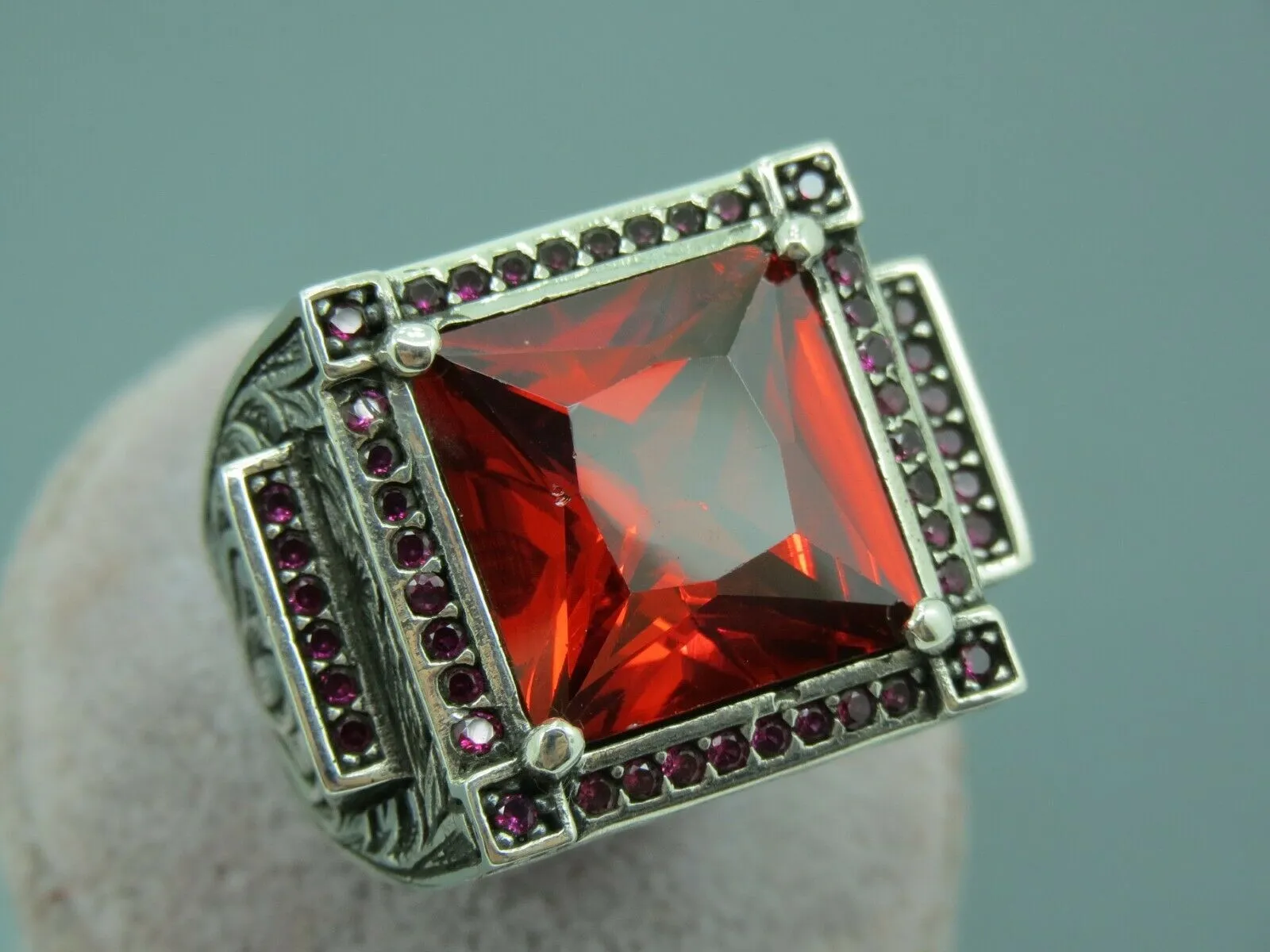 Turkish Handmade Jewelry 925 Sterling Silver Garnet Stone Mens Rings