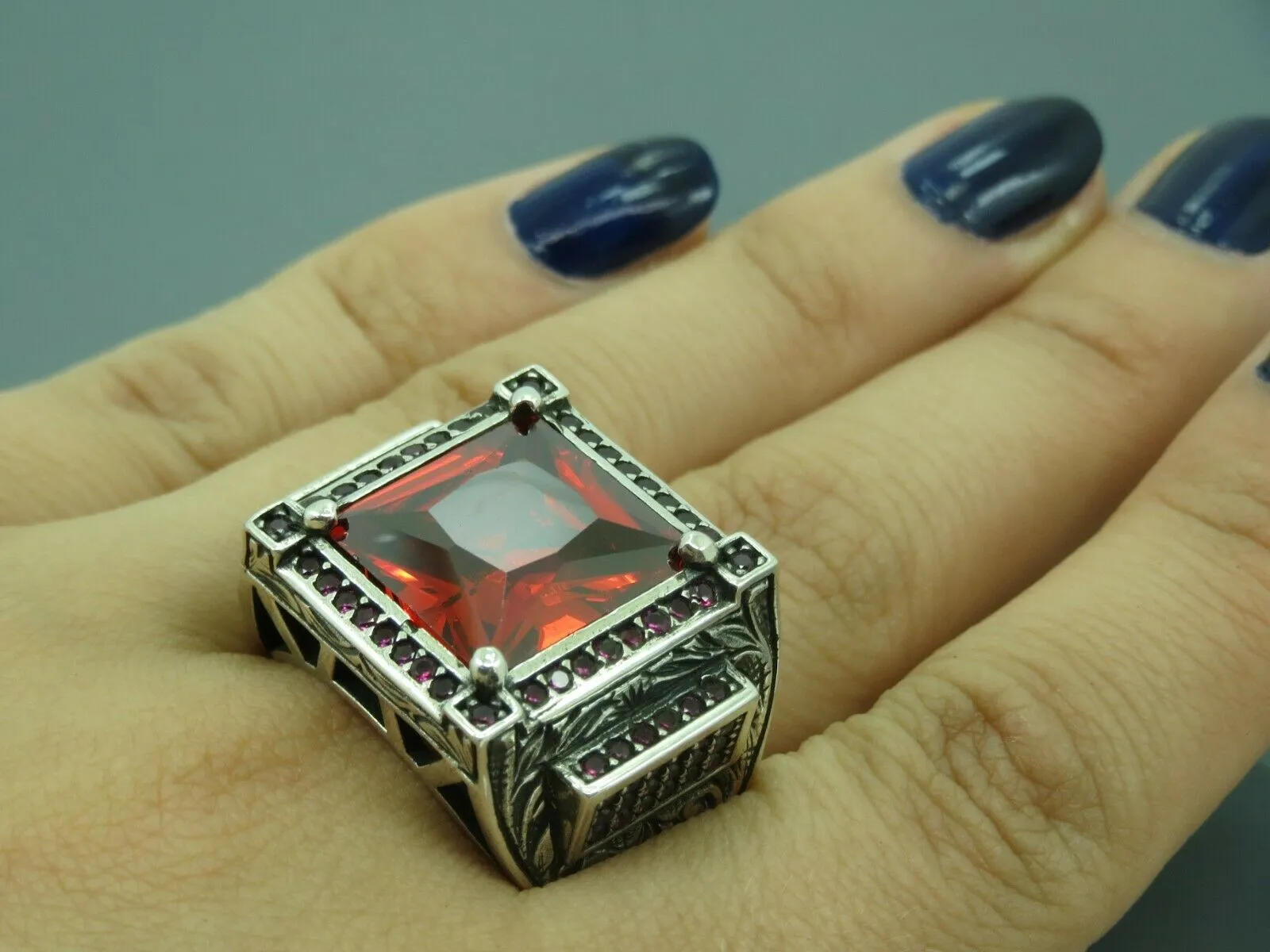 Turkish Handmade Jewelry 925 Sterling Silver Garnet Stone Mens Rings