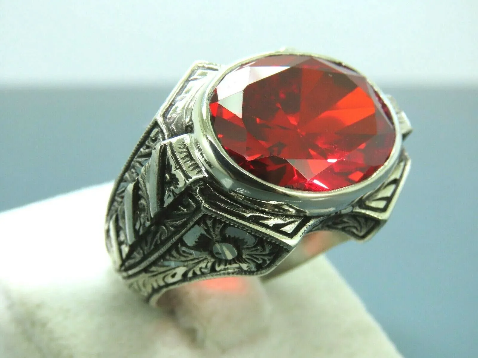 Turkish Handmade Jewelry 925 Sterling Silver Garnet Stone Mens Rings