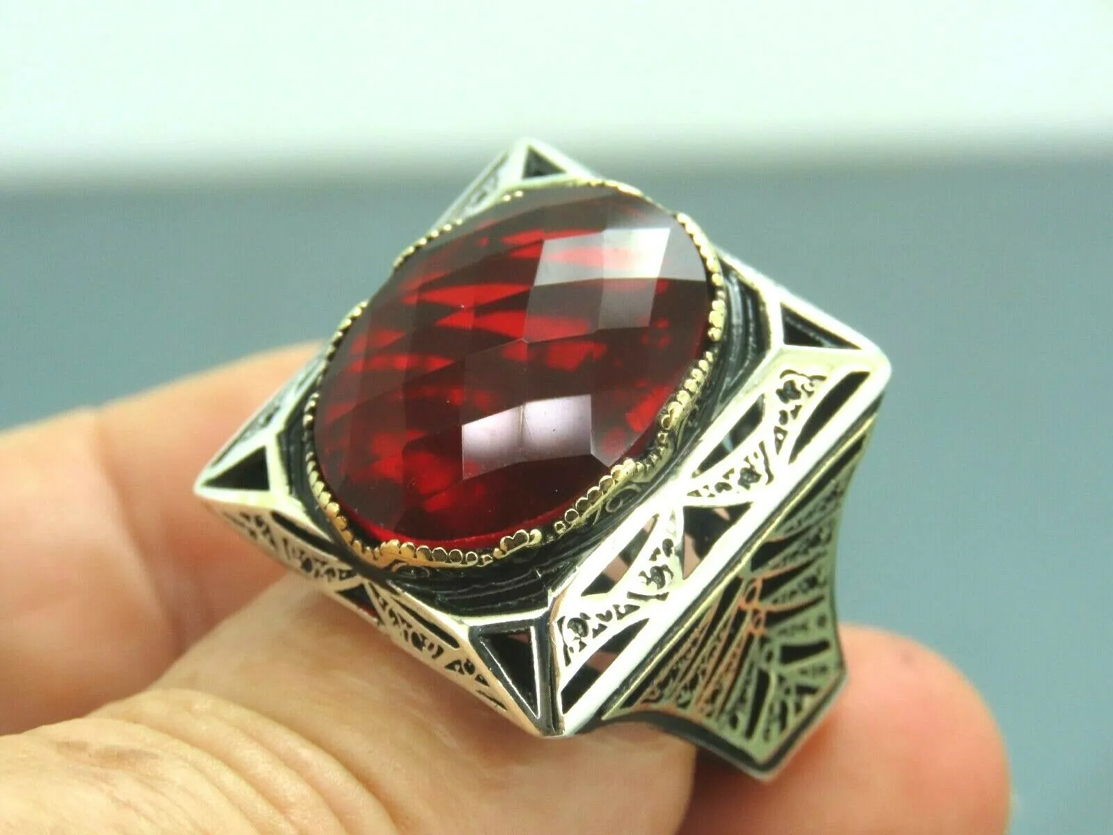 Turkish Handmade Jewelry 925 Sterling Silver Garnet Stone Mens Rings