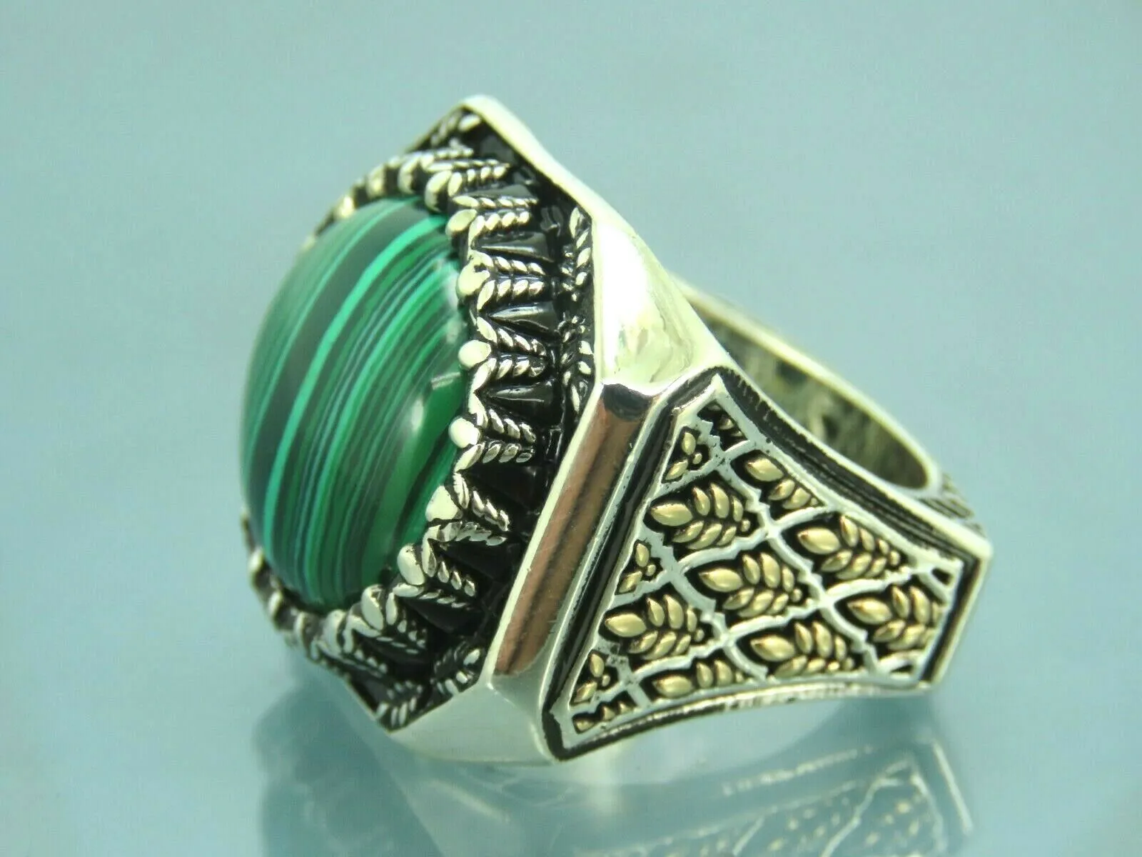 Turkish Handmade Jewelry 925 Sterling Silver Malachite Stone Men's Rings