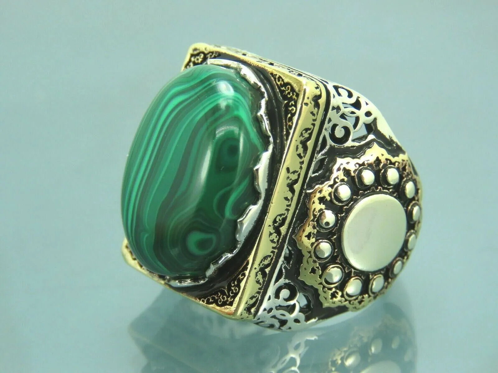 Turkish Handmade Jewelry 925 Sterling Silver Malachite Stone Men's Rings