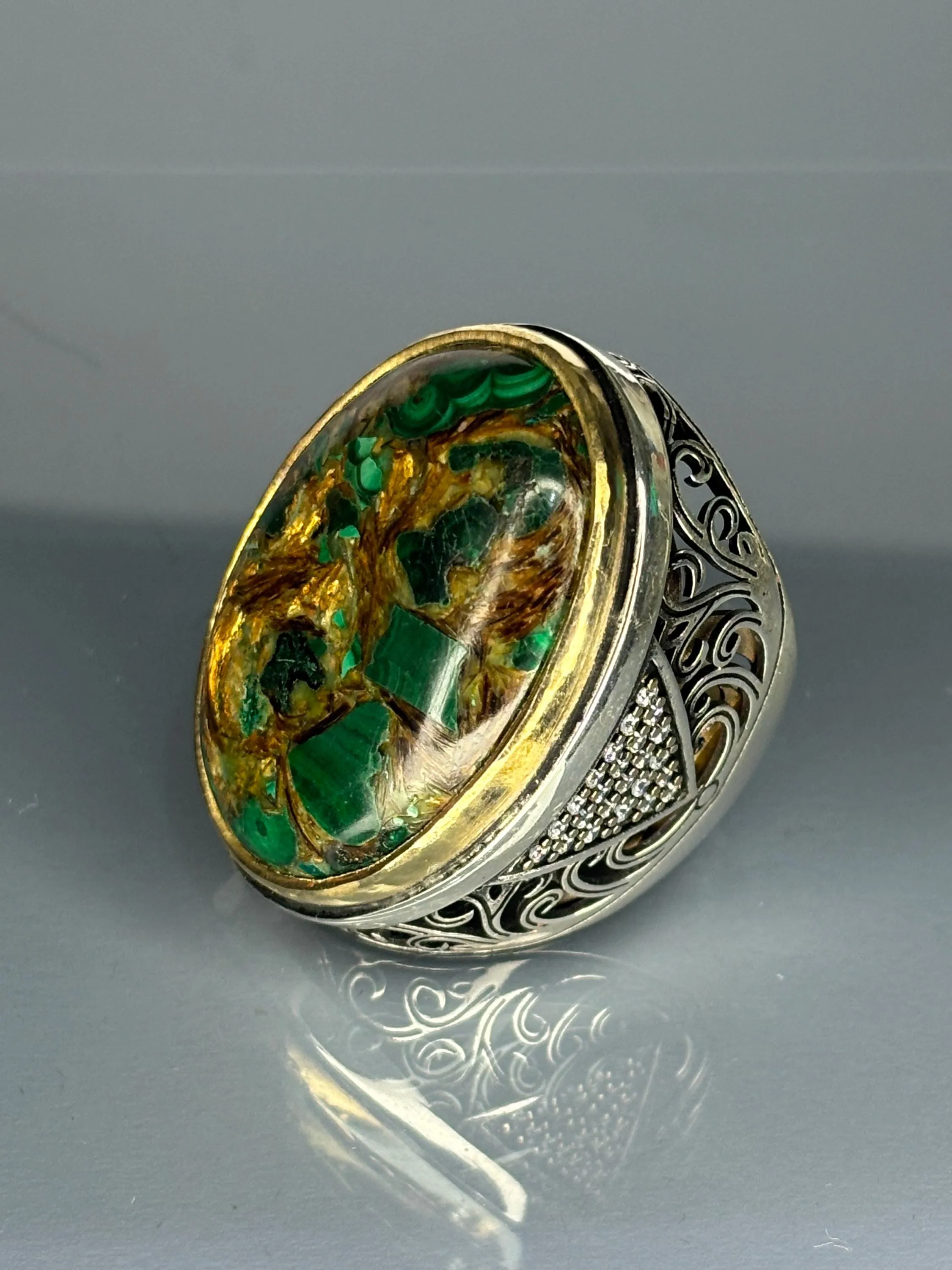 Turkish Handmade Jewelry 925 Sterling Silver Malachite Stone Men's Rings