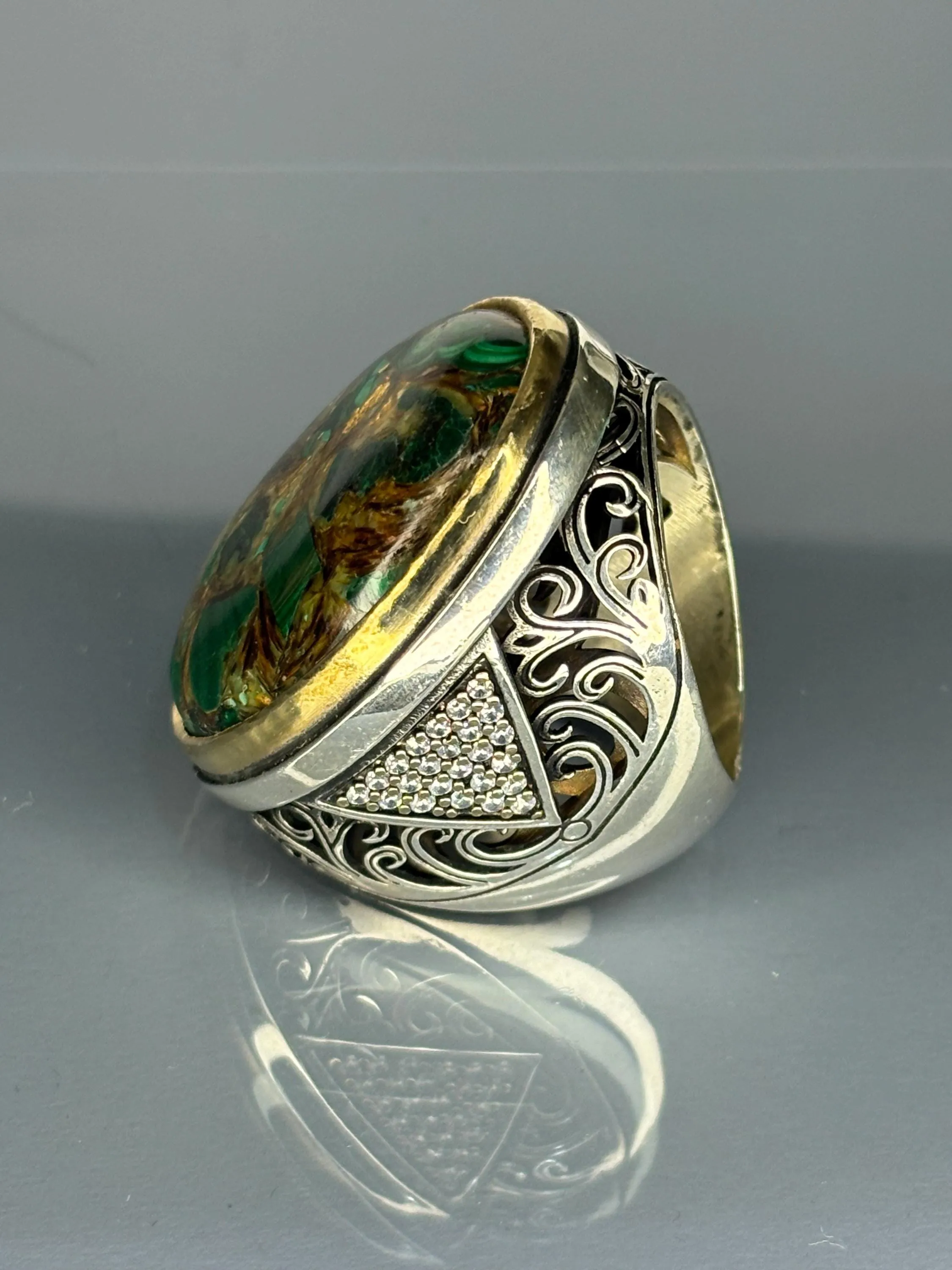 Turkish Handmade Jewelry 925 Sterling Silver Malachite Stone Men's Rings