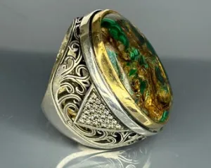 Turkish Handmade Jewelry 925 Sterling Silver Malachite Stone Men's Rings