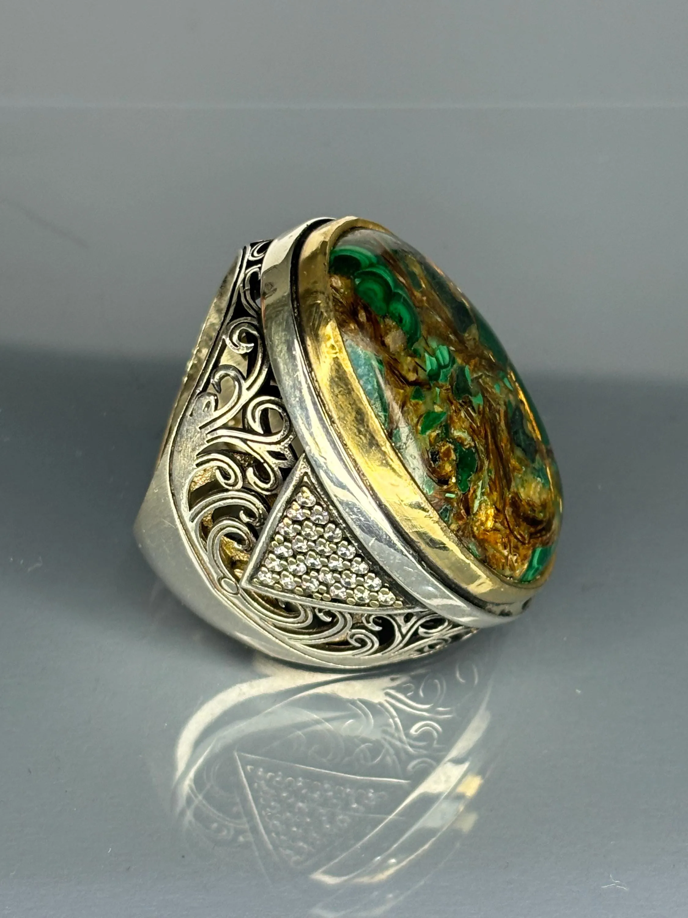 Turkish Handmade Jewelry 925 Sterling Silver Malachite Stone Men's Rings
