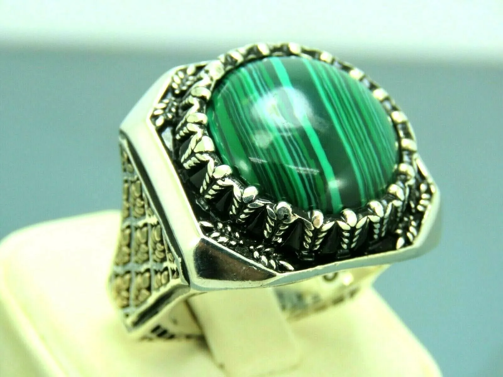 Turkish Handmade Jewelry 925 Sterling Silver Malachite Stone Men's Rings
