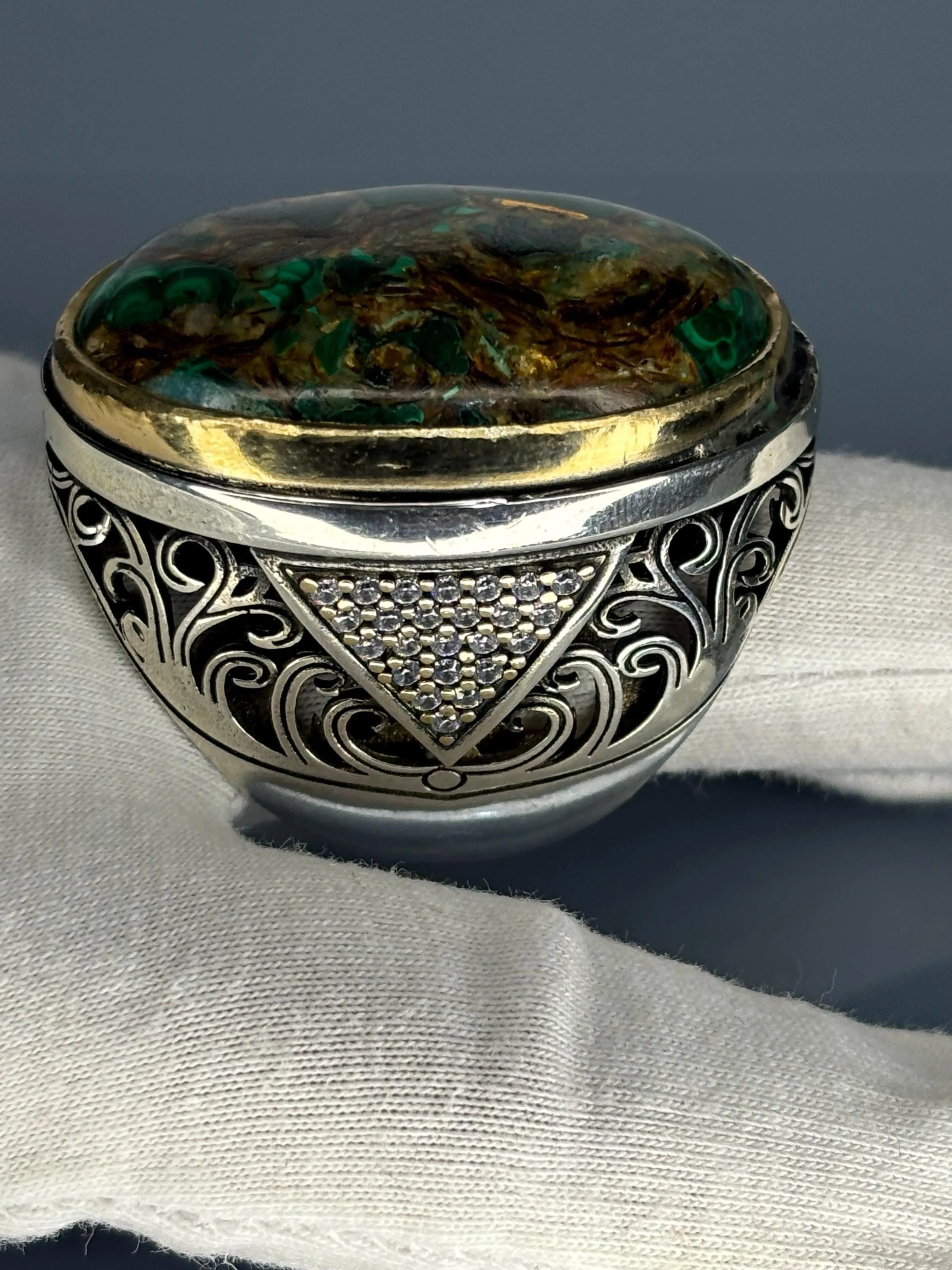 Turkish Handmade Jewelry 925 Sterling Silver Malachite Stone Men's Rings