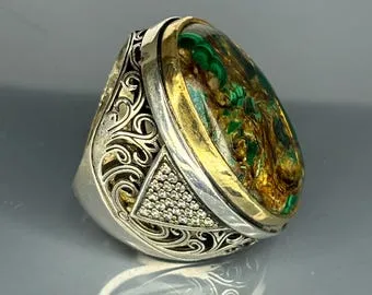 Turkish Handmade Jewelry 925 Sterling Silver Malachite Stone Men's Rings