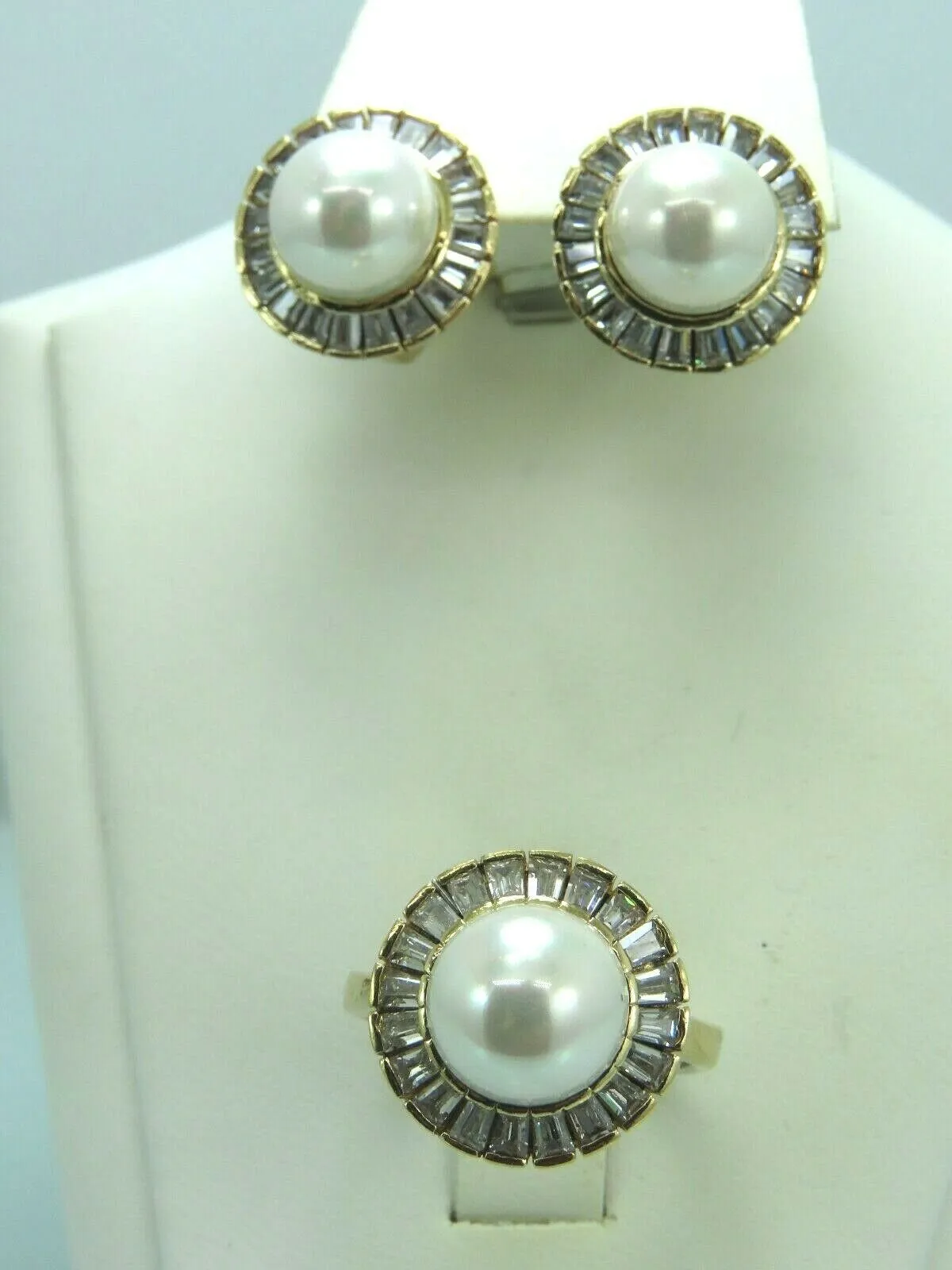 Turkish Handmade Jewelry 925 Sterling Silver Pearl Stone Women's Earrings & Ring Jewelry Set