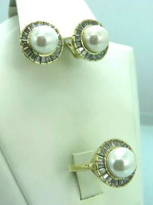 Turkish Handmade Jewelry 925 Sterling Silver Pearl Stone Women's Earrings & Ring Jewelry Set