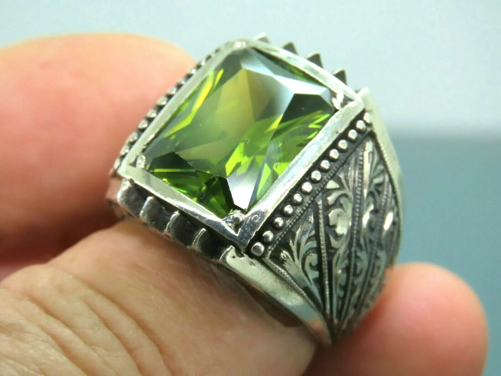 Turkish Handmade Jewelry 925 Sterling Silver Peridot Stone Engraved Mens Rings