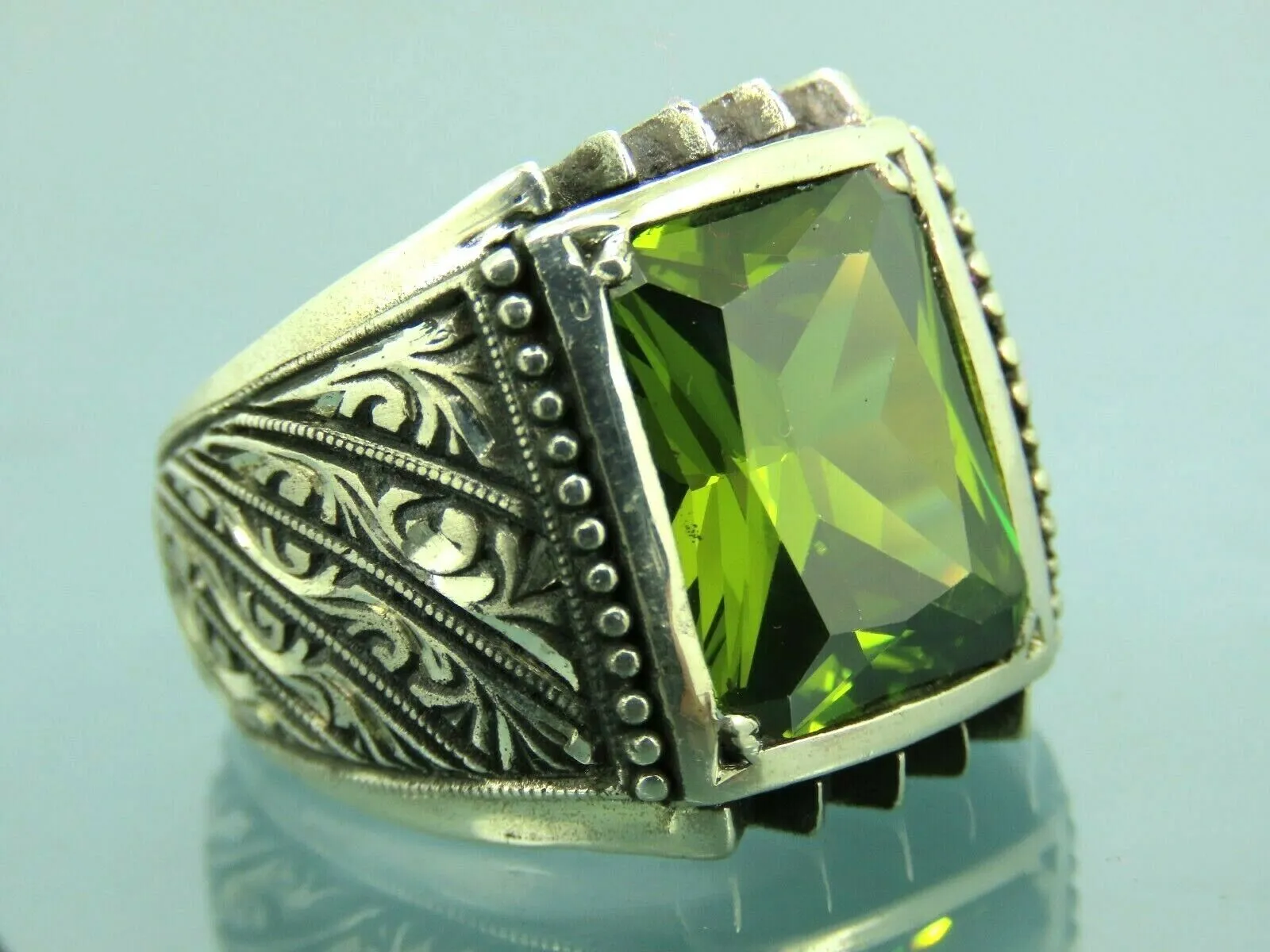 Turkish Handmade Jewelry 925 Sterling Silver Peridot Stone Engraved Mens Rings