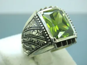 Turkish Handmade Jewelry 925 Sterling Silver Peridot Stone Engraved Mens Rings