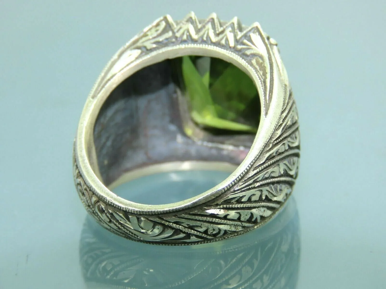 Turkish Handmade Jewelry 925 Sterling Silver Peridot Stone Engraved Mens Rings