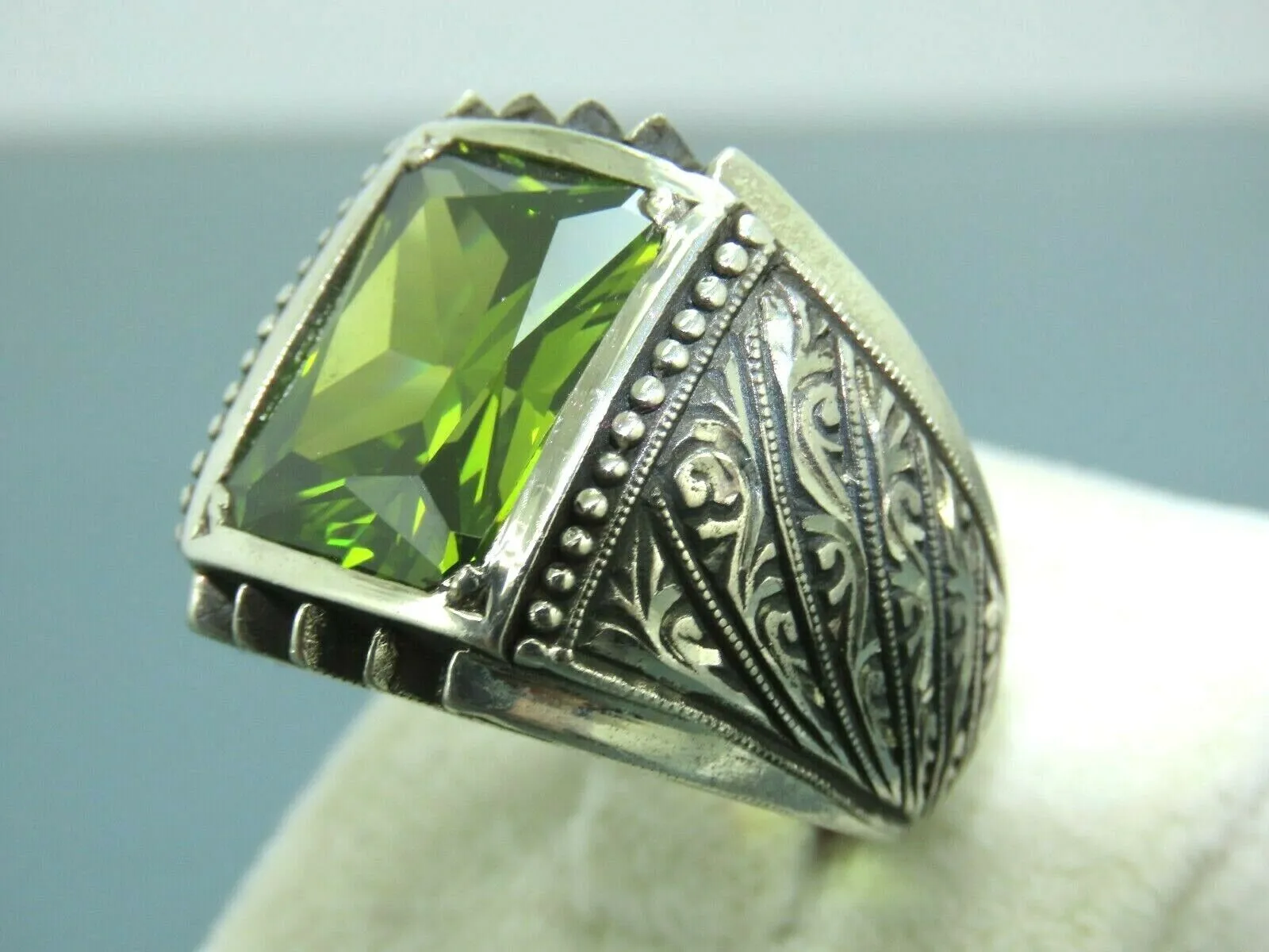 Turkish Handmade Jewelry 925 Sterling Silver Peridot Stone Engraved Mens Rings