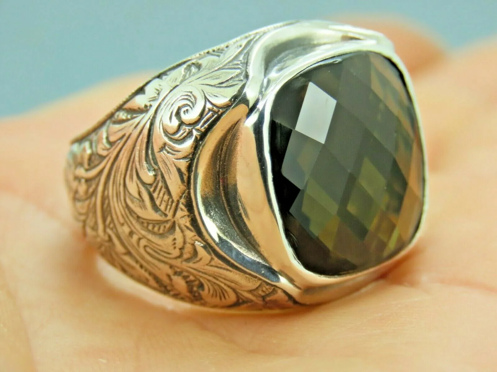 Turkish Handmade Jewelry 925 Sterling Silver Peridot Stone Men's Rings