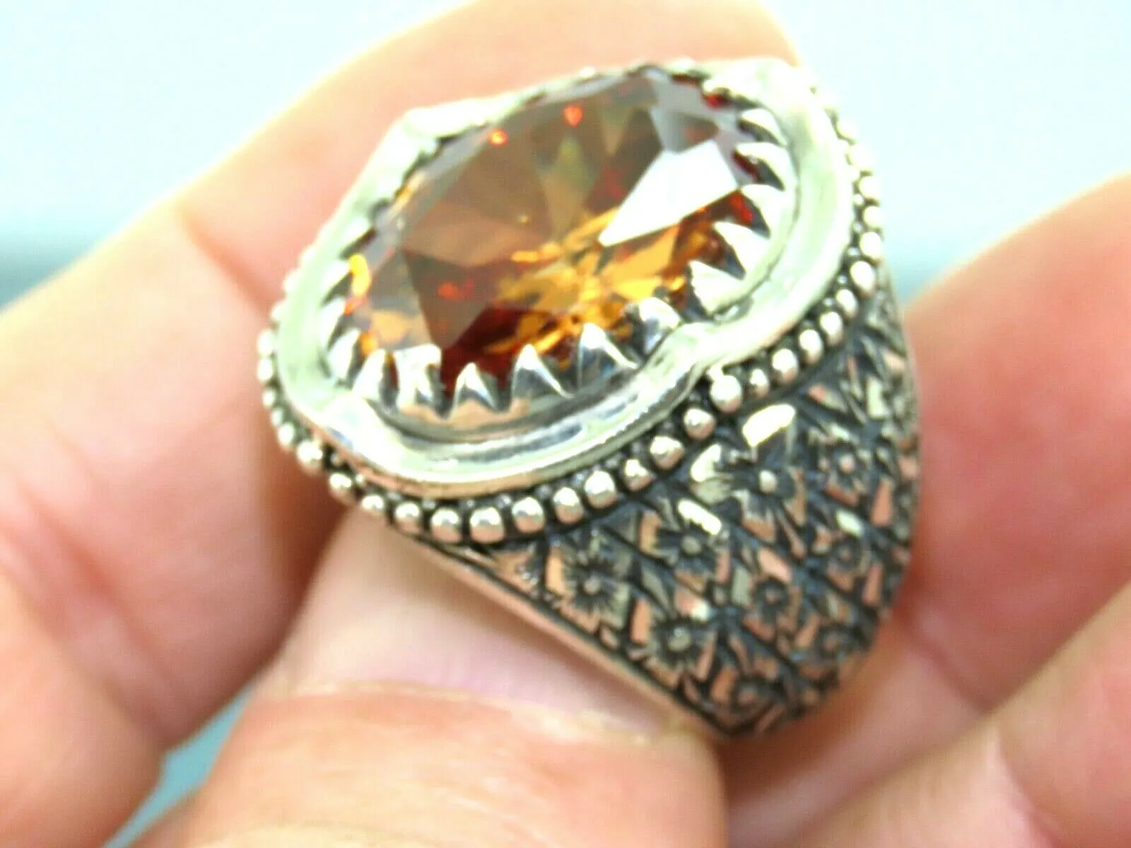 Turkish Handmade Jewelry 925 Sterling Silver Quartz Stone Engraved Mens Rings
