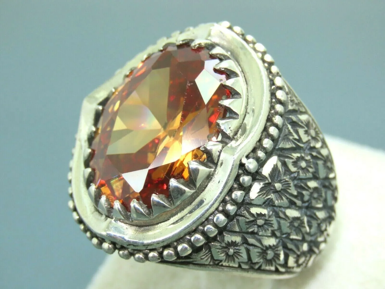 Turkish Handmade Jewelry 925 Sterling Silver Quartz Stone Engraved Mens Rings