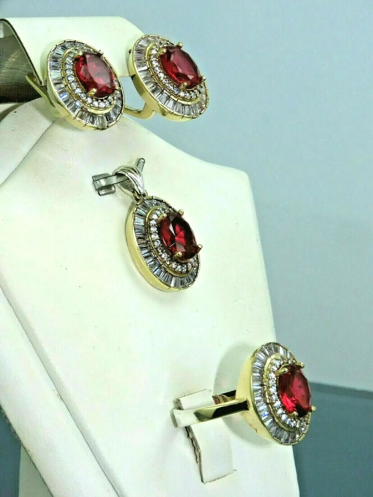 Turkish Handmade Jewelry 925 Sterling Silver Ruby Stone Women's Earrings, Pendant & Ring Jewelry Set