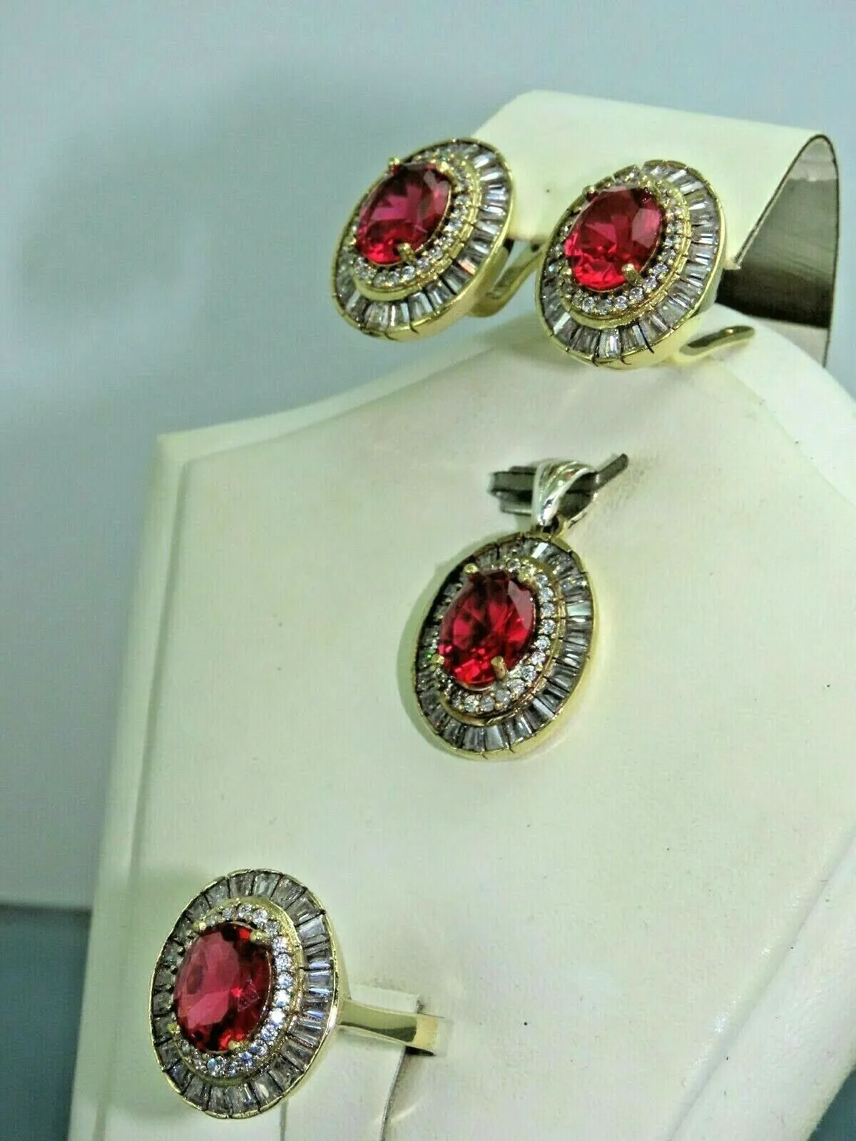Turkish Handmade Jewelry 925 Sterling Silver Ruby Stone Women's Earrings, Pendant & Ring Jewelry Set
