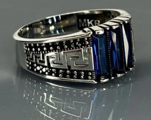 Turkish Handmade Jewelry 925 Sterling Silver Sapphire Stone Engraved Men's Rings