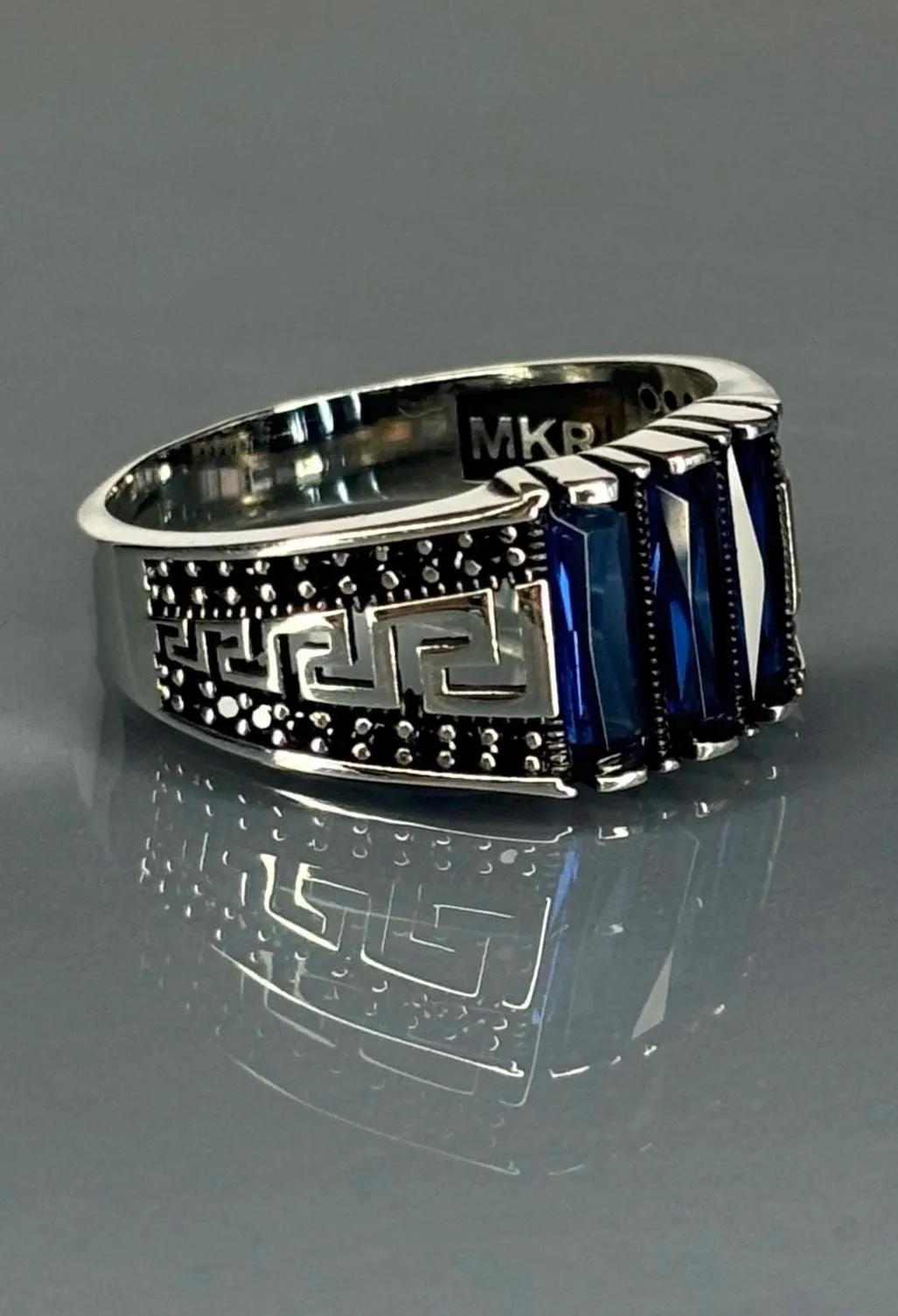 Turkish Handmade Jewelry 925 Sterling Silver Sapphire Stone Engraved Men's Rings