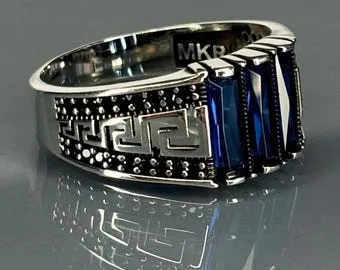 Turkish Handmade Jewelry 925 Sterling Silver Sapphire Stone Engraved Men's Rings