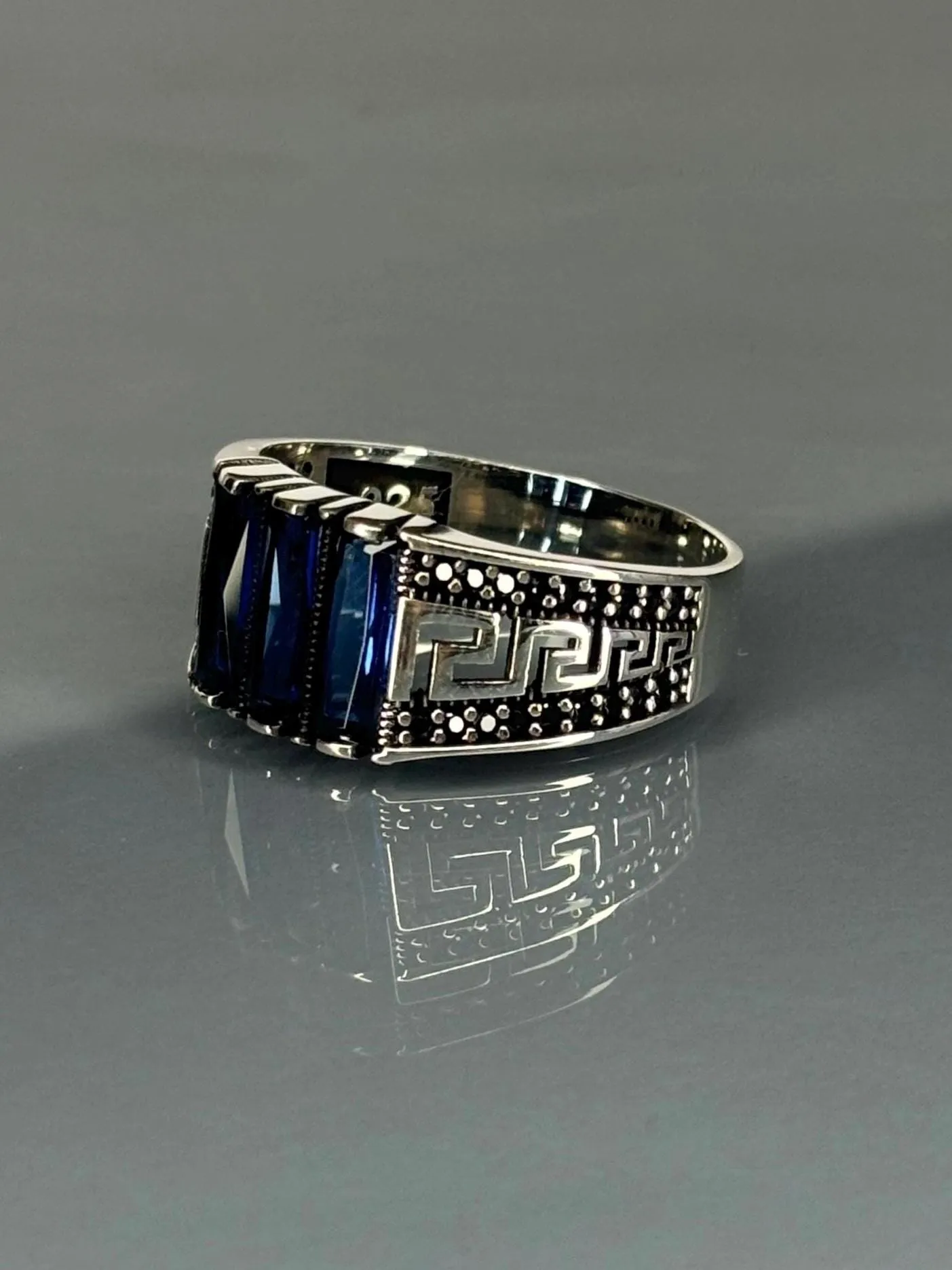 Turkish Handmade Jewelry 925 Sterling Silver Sapphire Stone Engraved Men's Rings