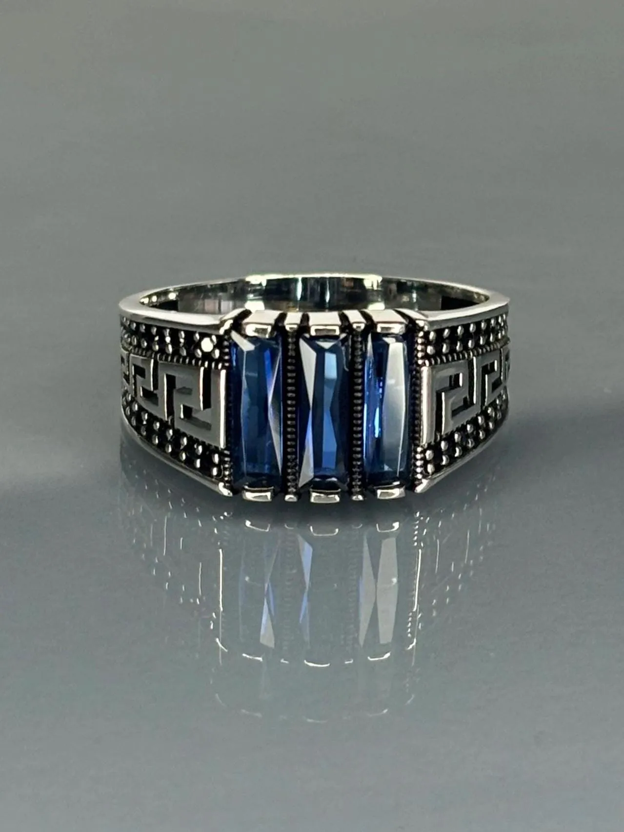 Turkish Handmade Jewelry 925 Sterling Silver Sapphire Stone Engraved Men's Rings