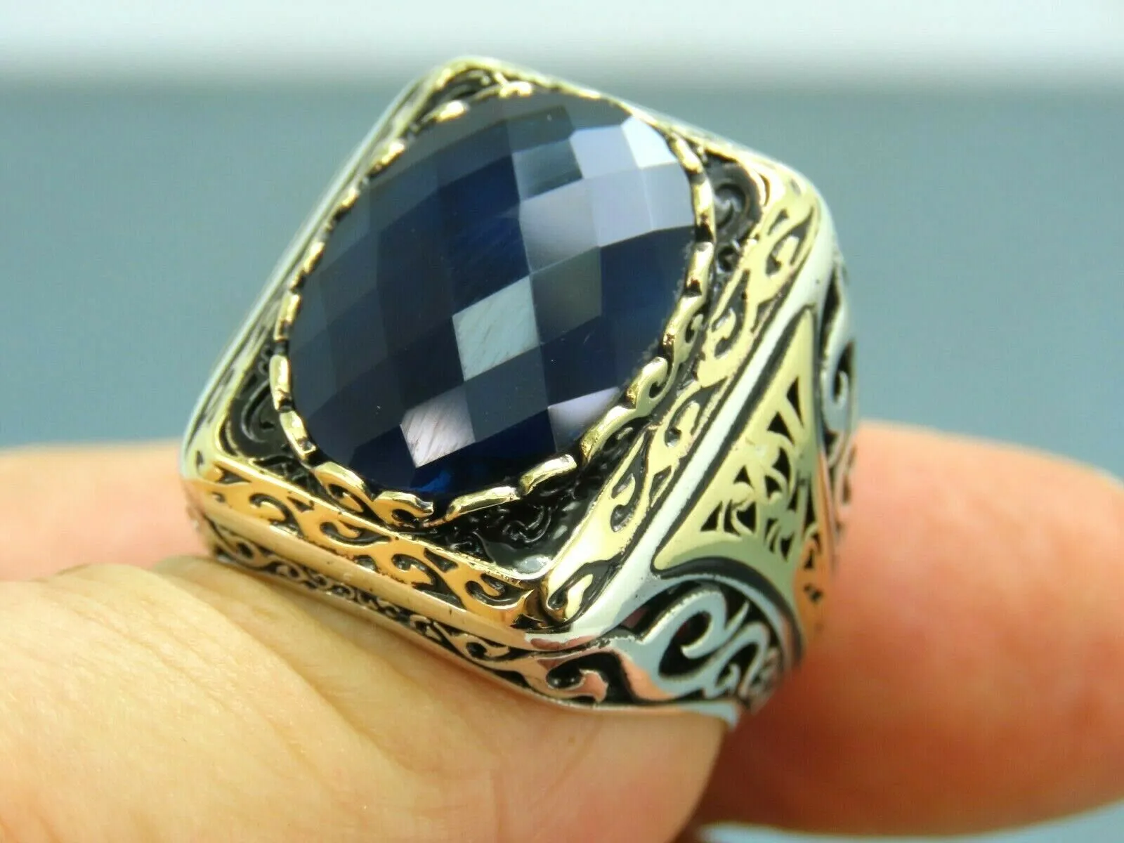 Turkish Handmade Jewelry 925 Sterling Silver Sapphire Stone Mens Rings