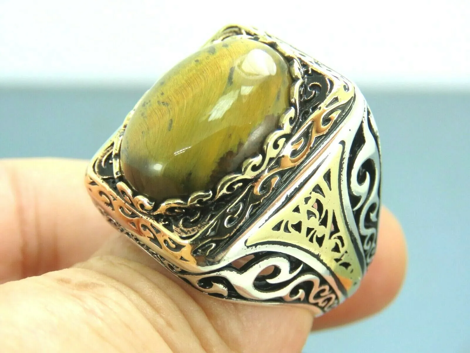 Turkish Handmade Jewelry 925 Sterling Silver Tiger's Eye Stone Mens Rings