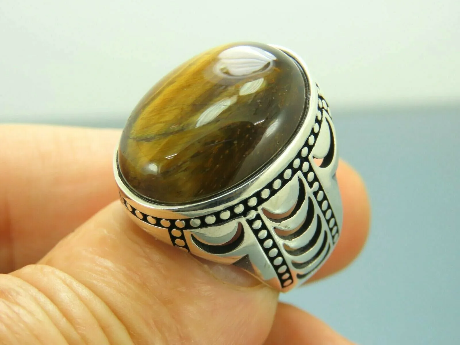 Turkish Handmade Jewelry 925 Sterling Silver Tiger's Eye Stone Mens Rings