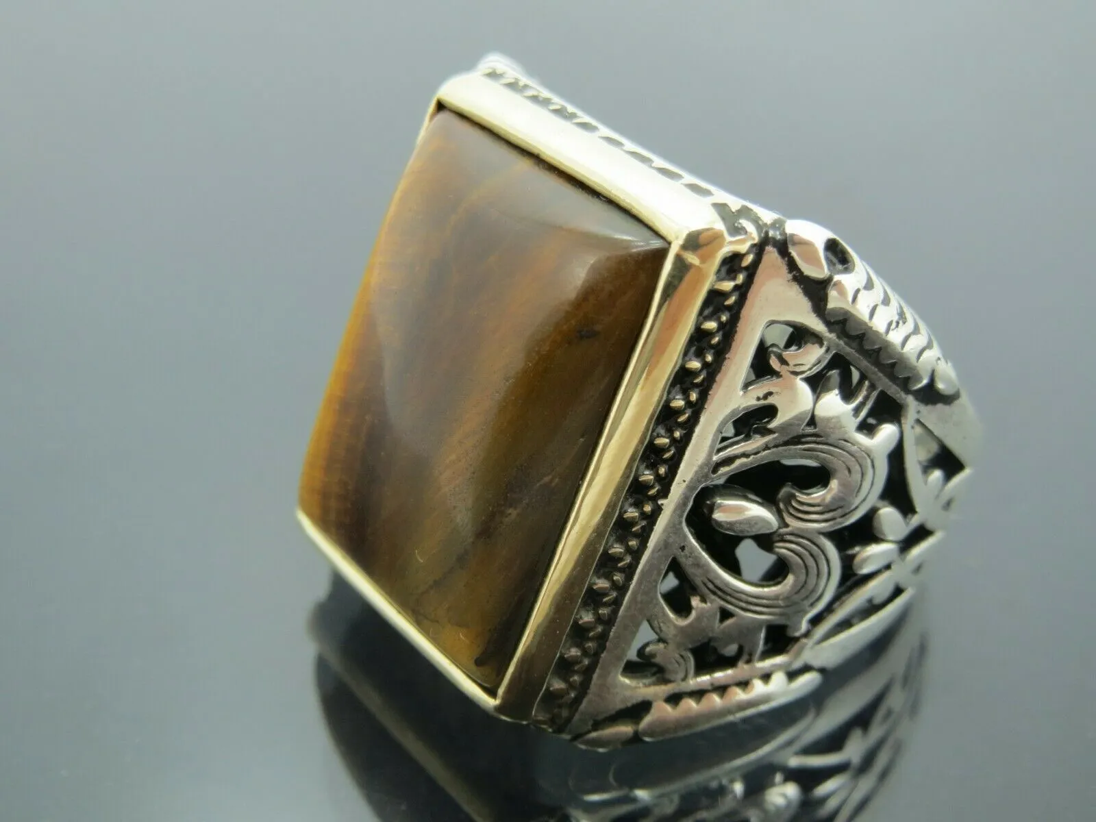 Turkish Handmade Jewelry 925 Sterling Silver Tiger's Eye Stone Mens Rings