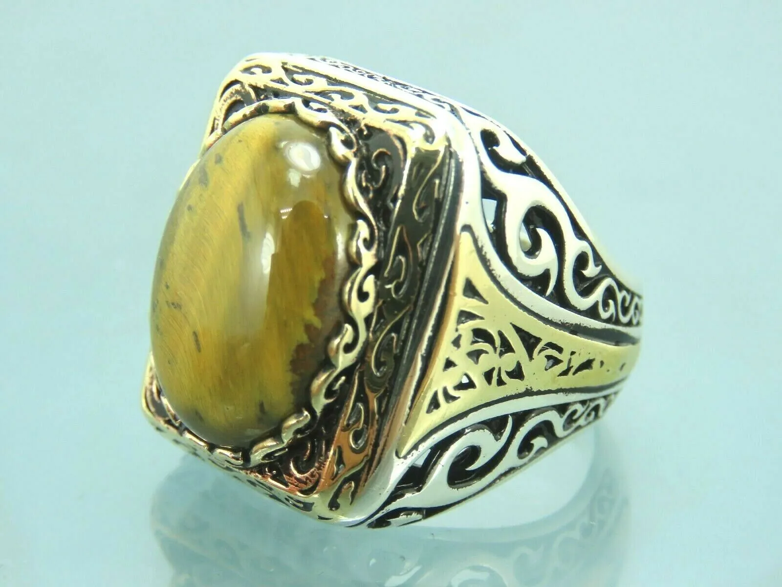 Turkish Handmade Jewelry 925 Sterling Silver Tiger's Eye Stone Mens Rings