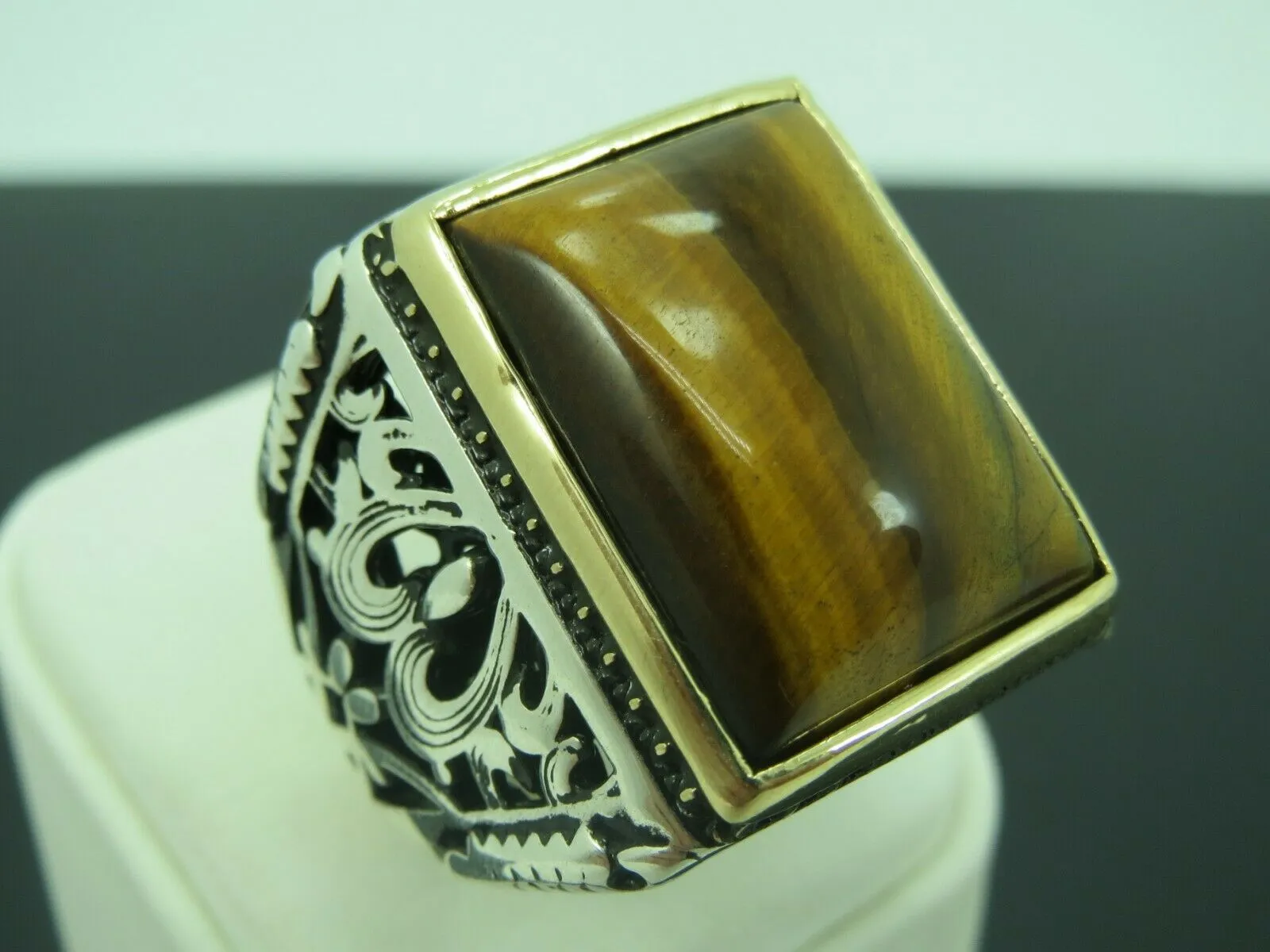 Turkish Handmade Jewelry 925 Sterling Silver Tiger's Eye Stone Mens Rings