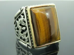 Turkish Handmade Jewelry 925 Sterling Silver Tiger's Eye Stone Mens Rings