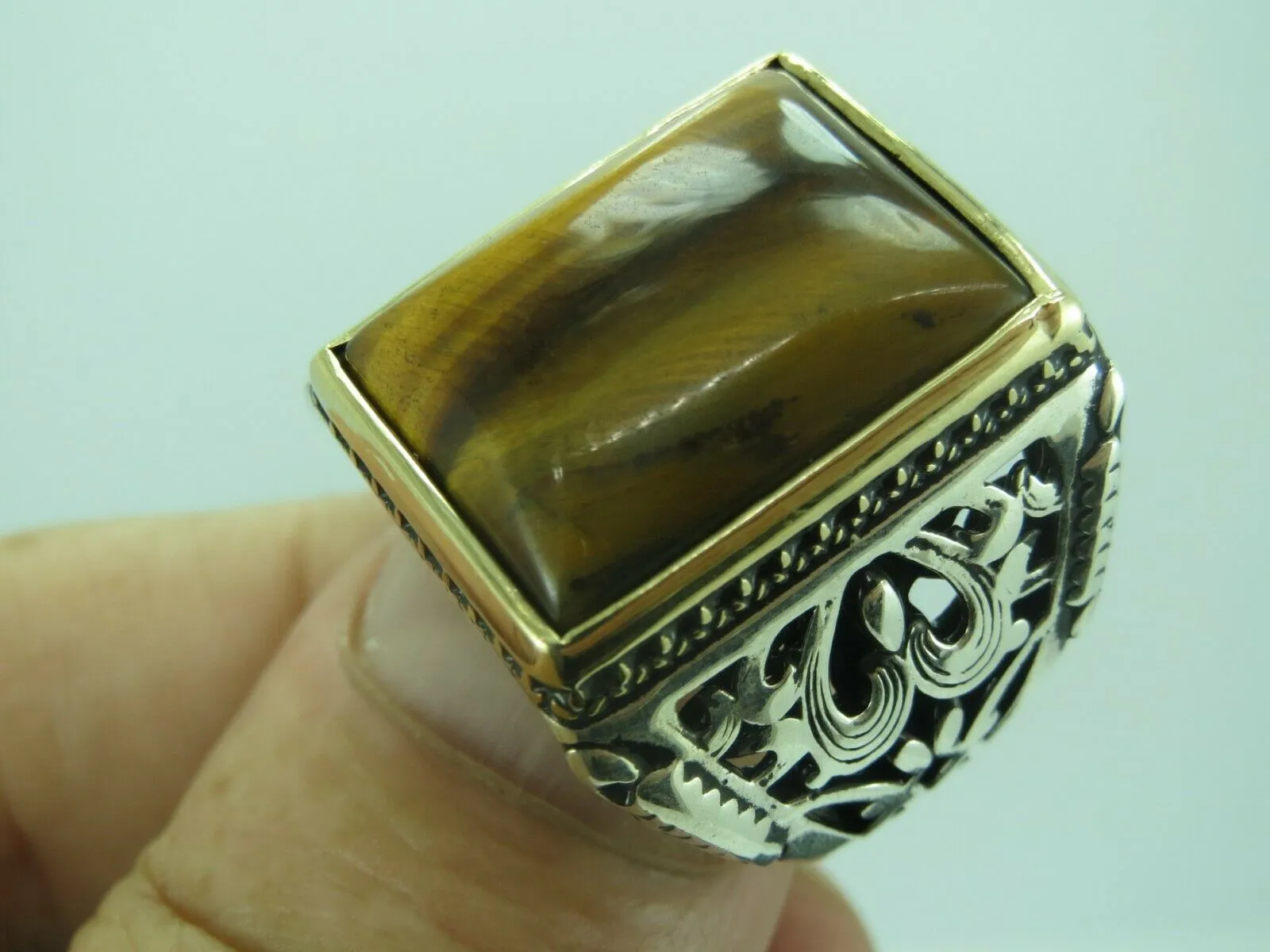 Turkish Handmade Jewelry 925 Sterling Silver Tiger's Eye Stone Mens Rings