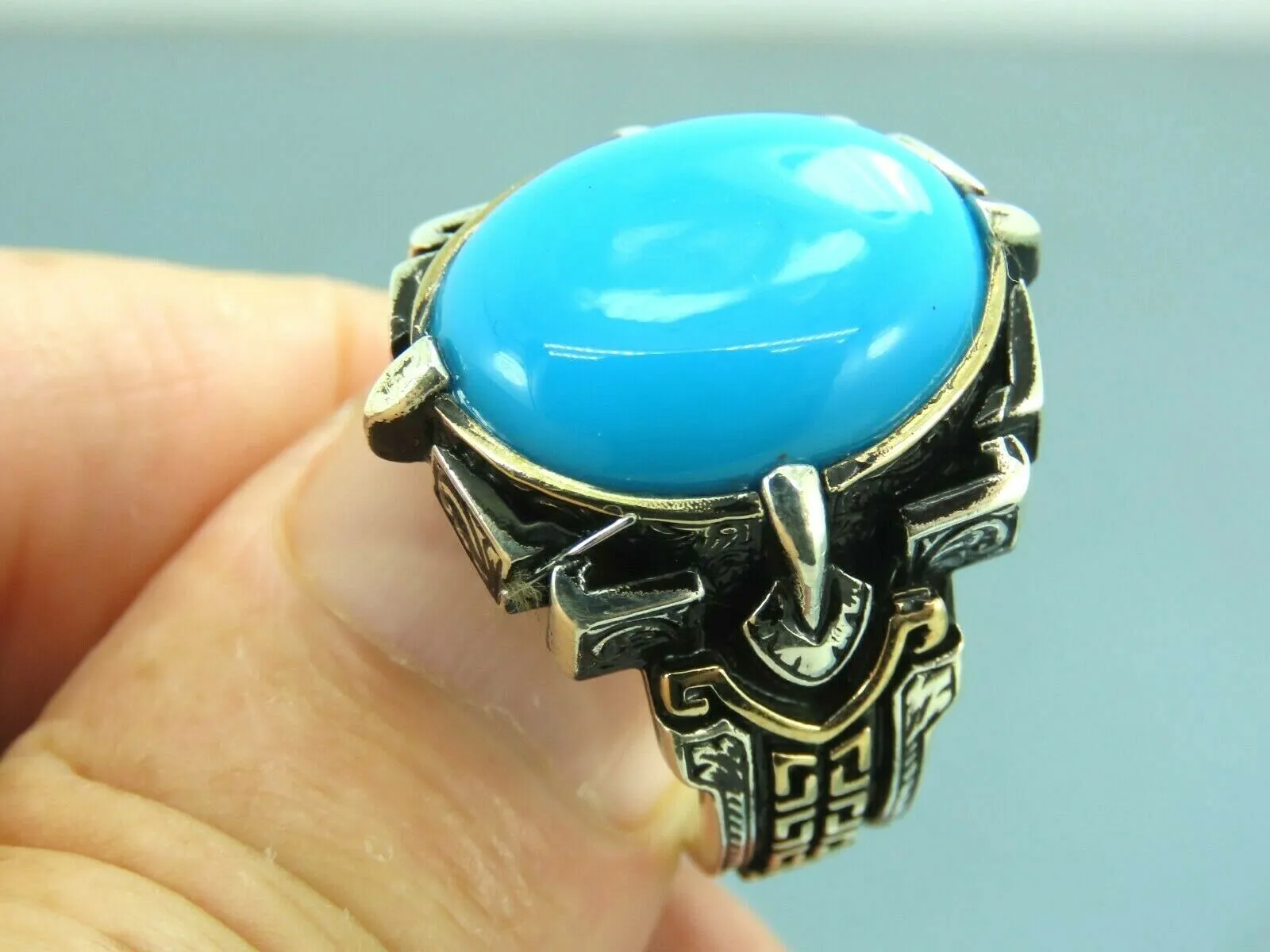 Turkish Handmade Jewelry 925 Sterling Silver Turquoise Stone Mens Rings