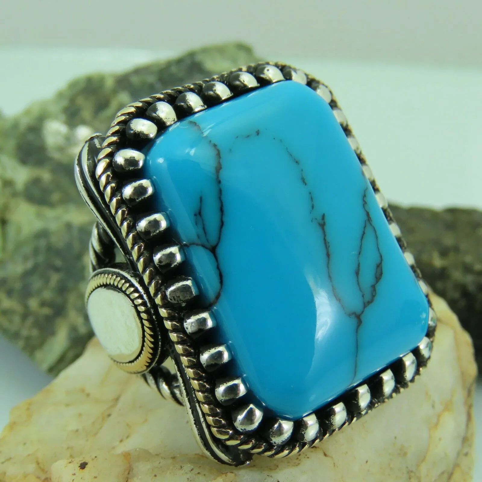 Turkish Handmade Jewelry 925 Sterling Silver Turquoise Stone Mens Rings