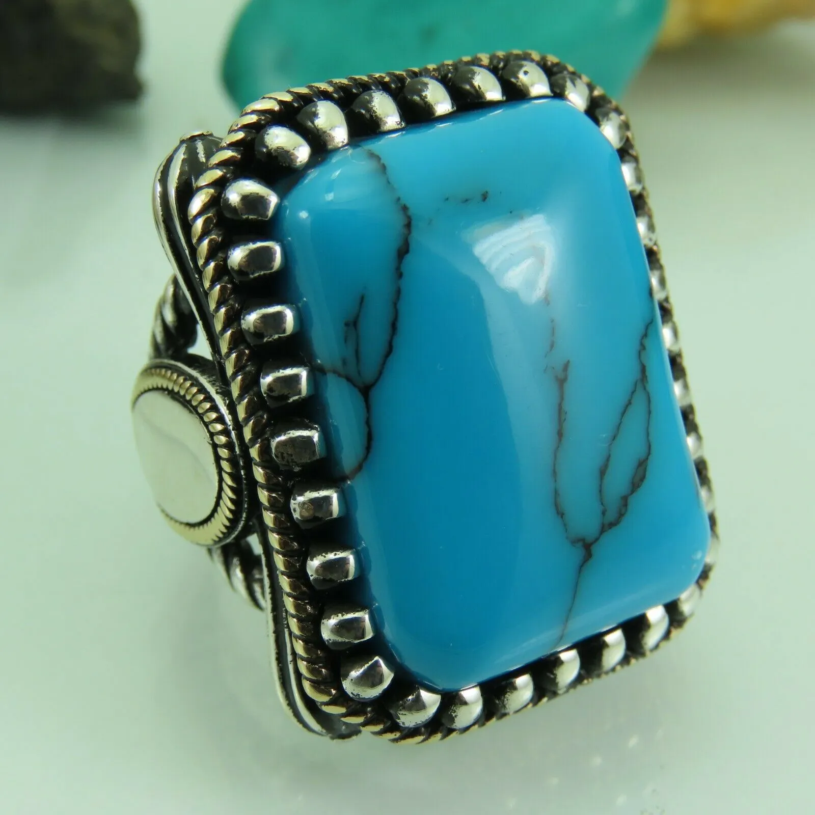 Turkish Handmade Jewelry 925 Sterling Silver Turquoise Stone Mens Rings
