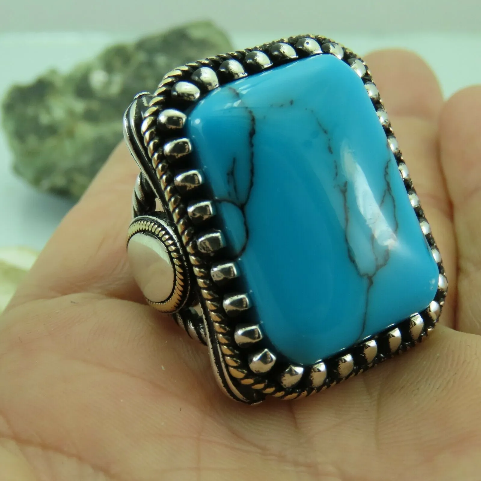 Turkish Handmade Jewelry 925 Sterling Silver Turquoise Stone Mens Rings