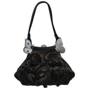 Valentino Black Silk Rose and Swarovski Crystal Butterfly Evening Bag