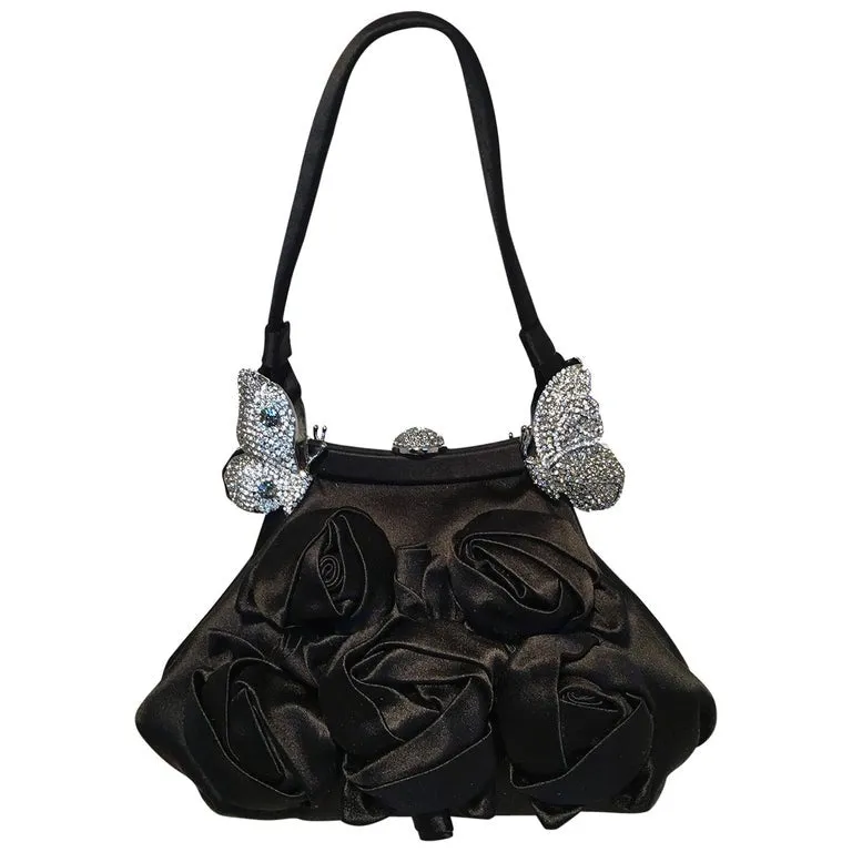 Valentino Black Silk Rose and Swarovski Crystal Butterfly Evening Bag
