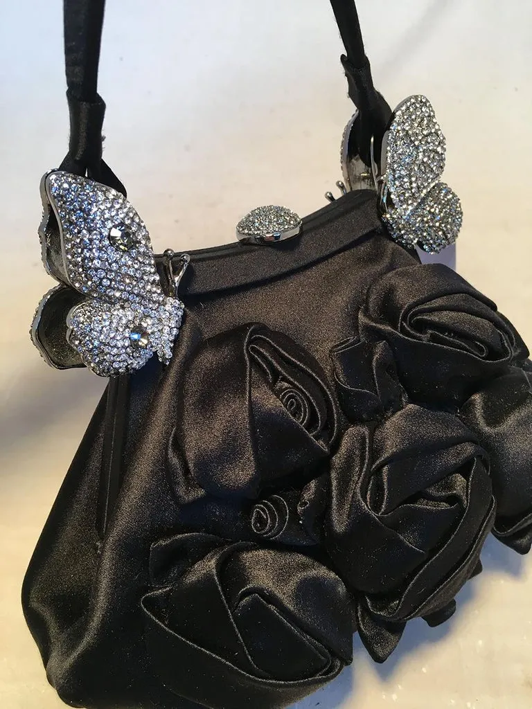 Valentino Black Silk Rose and Swarovski Crystal Butterfly Evening Bag