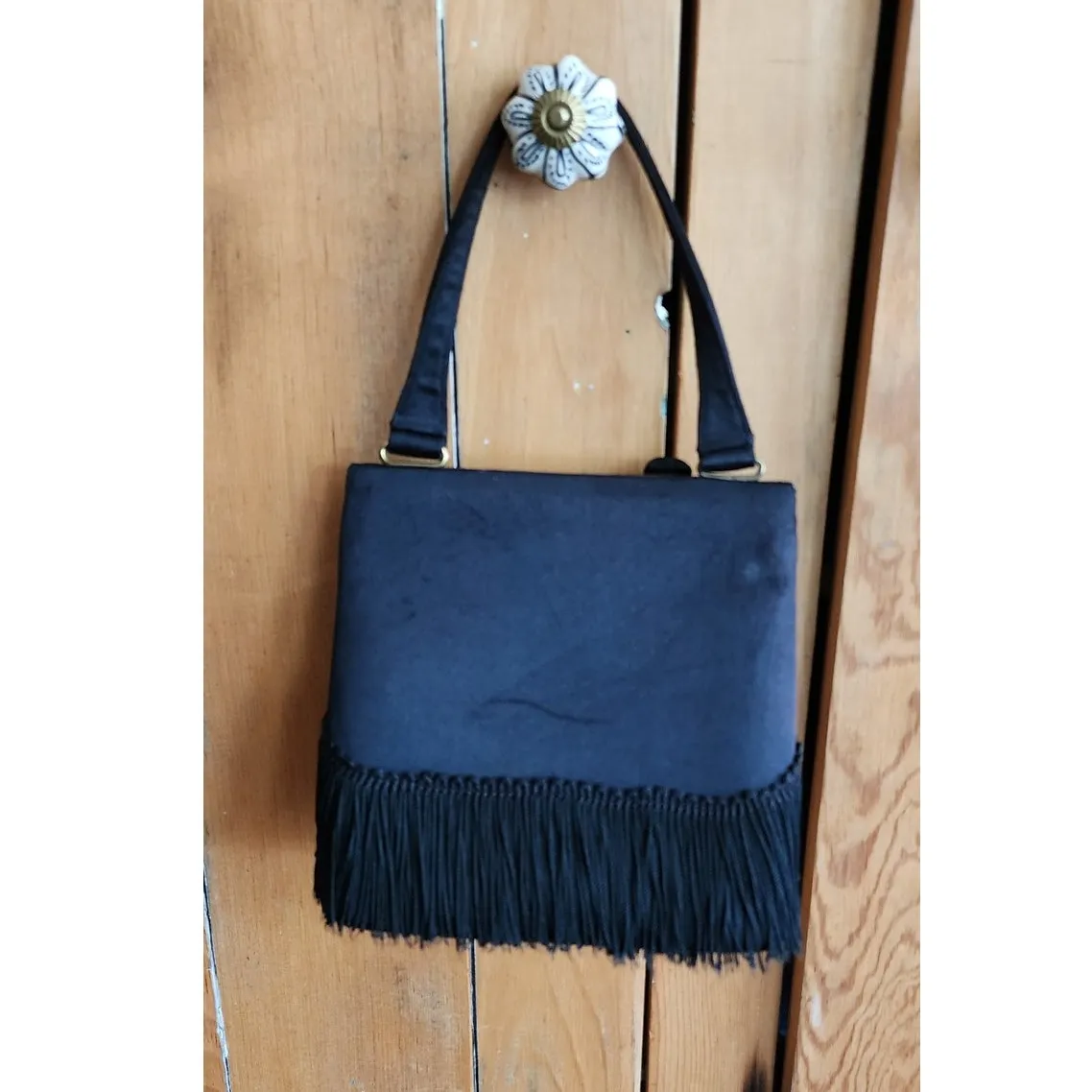 Vintage 60s Black Handbag Silk Fringe Mod