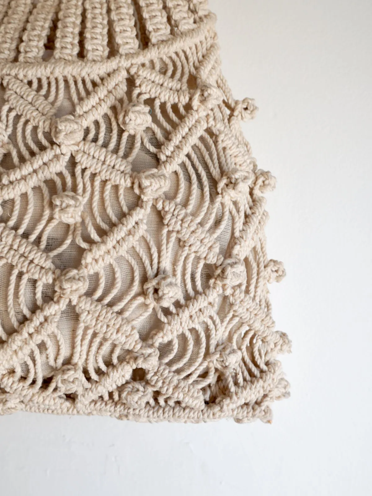 Vintage Macrame Wood Handle Tote Bag